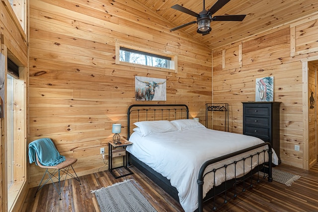 bedroom featuring dark wood-type flooring, wood ceiling, vaulted ceiling, wooden walls, and ceiling fan