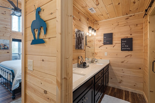 bathroom featuring wood ceiling, vanity, wooden walls, and hardwood / wood-style flooring