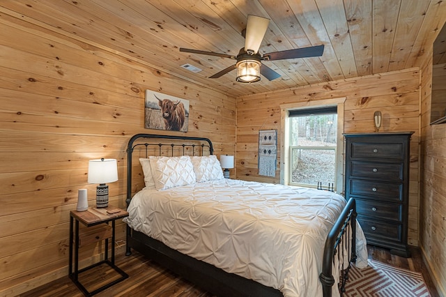 bedroom with dark hardwood / wood-style floors, wood ceiling, and wood walls