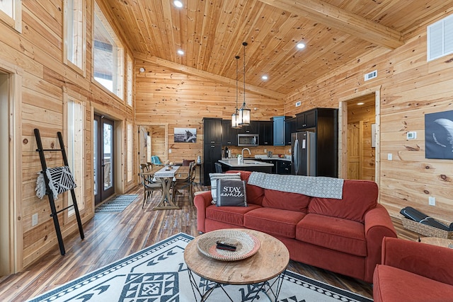 living room featuring wood ceiling, dark hardwood / wood-style floors, high vaulted ceiling, and wood walls