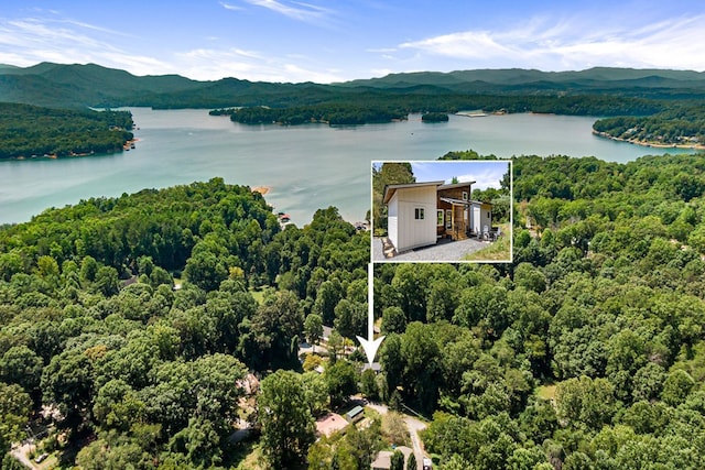 birds eye view of property with a water and mountain view