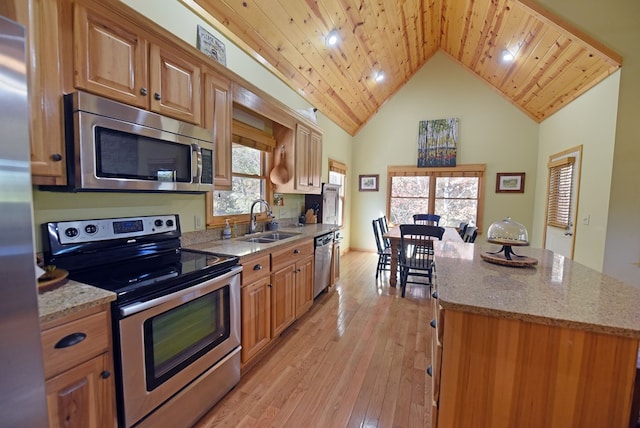 kitchen featuring sink, light stone countertops, appliances with stainless steel finishes, light hardwood / wood-style floors, and wood ceiling