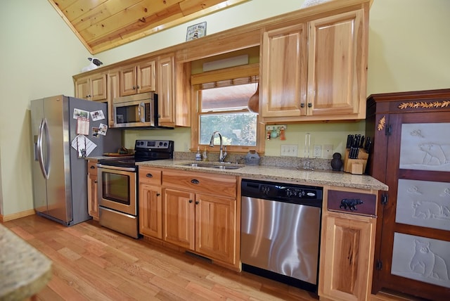 kitchen with sink, vaulted ceiling, appliances with stainless steel finishes, light hardwood / wood-style floors, and wood ceiling