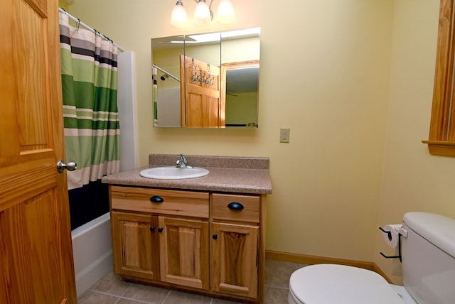 full bathroom with tile patterned floors, vanity, toilet, and shower / bathtub combination with curtain