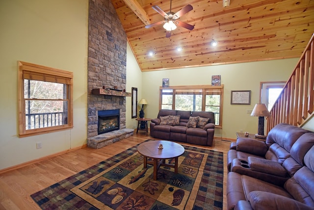 living room with wooden ceiling, plenty of natural light, high vaulted ceiling, and hardwood / wood-style floors