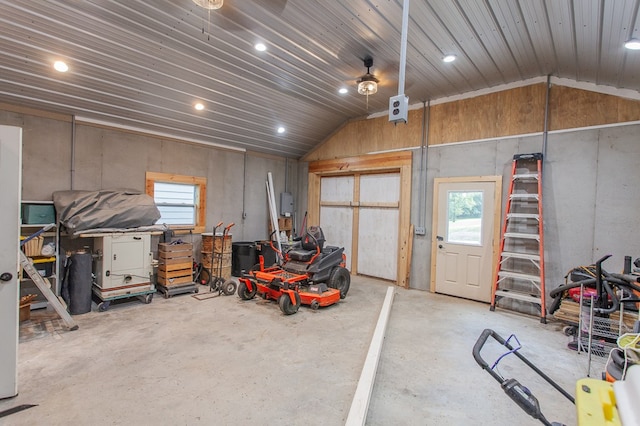 garage with ceiling fan