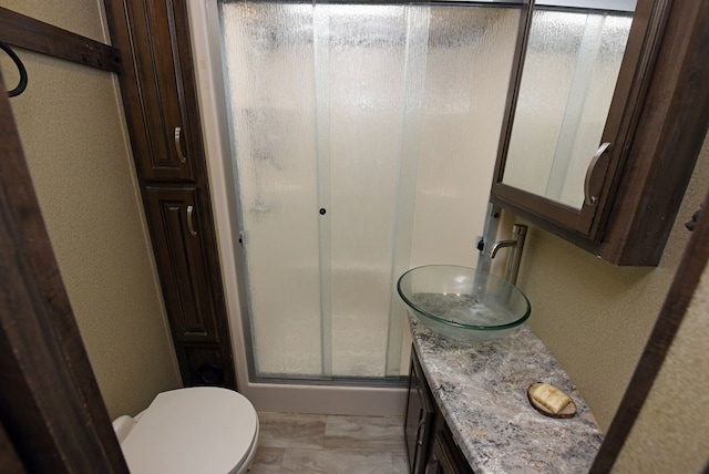 bathroom with a shower with door, vanity, and toilet