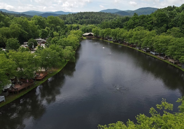 drone / aerial view featuring a water and mountain view