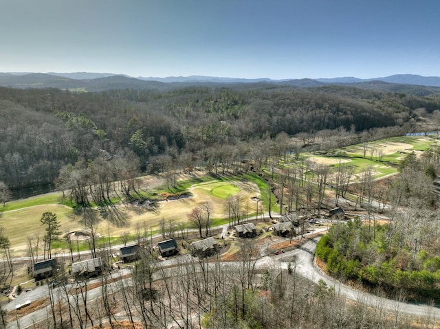 drone / aerial view with a wooded view and a mountain view