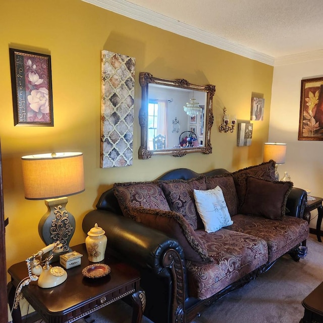 carpeted living room with crown molding