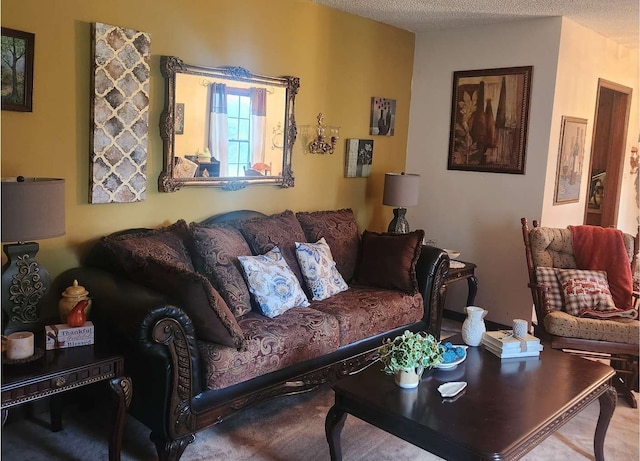 living room featuring a textured ceiling and carpet floors