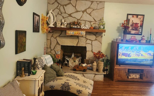living room featuring wood finished floors and a stone fireplace