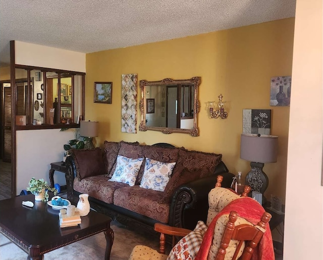 carpeted living room featuring a textured ceiling