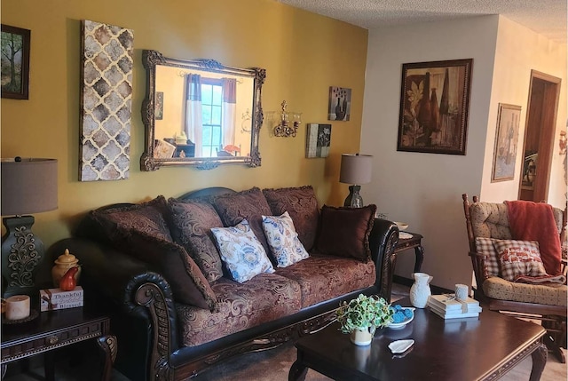 living room with a textured ceiling