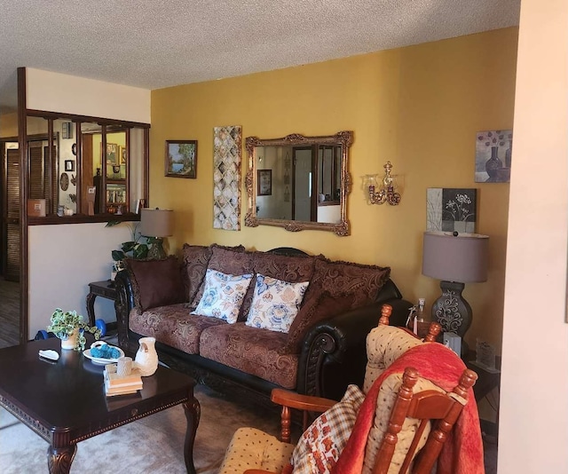living room featuring a textured ceiling and carpet flooring