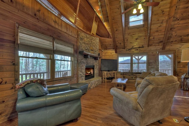 living room featuring wood ceiling, dark hardwood / wood-style floors, ceiling fan, and wood walls