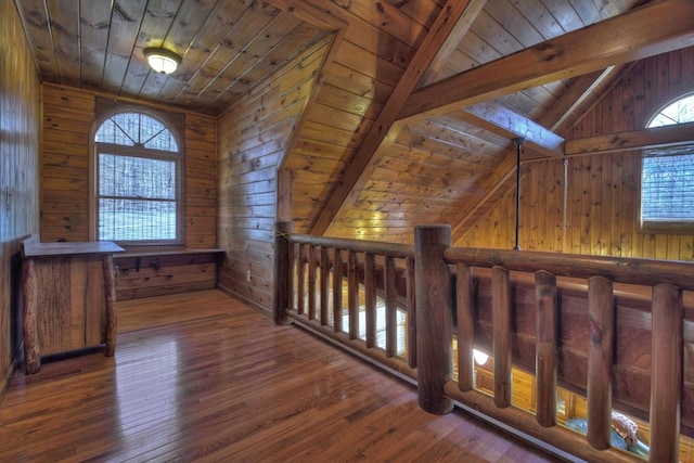 interior space featuring wooden walls, plenty of natural light, wood ceiling, lofted ceiling with beams, and dark wood-type flooring