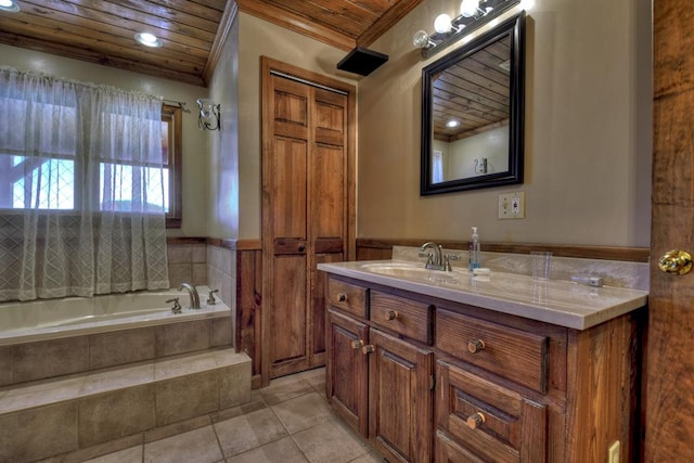 bathroom with oversized vanity, wooden ceiling, tiled bath, crown molding, and tile floors