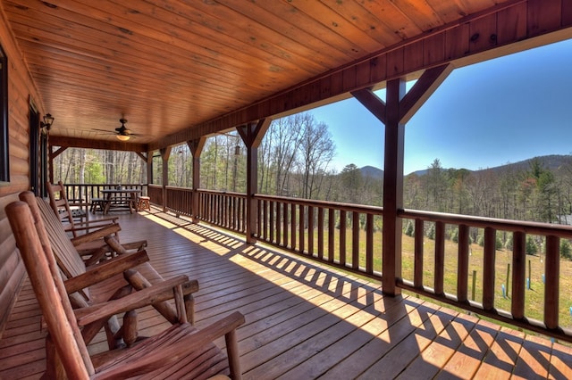 wooden terrace featuring ceiling fan