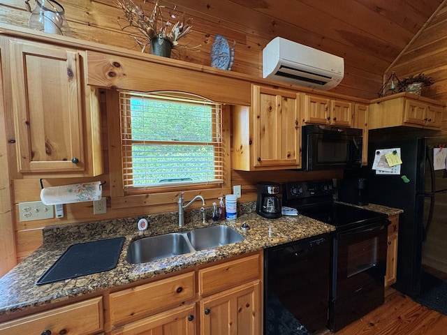 275 Walkers Rdg, Murphy, NC 28906 - kitchen with black appliances, an AC wall unit, lofted ceiling, a sink, and wooden ceiling