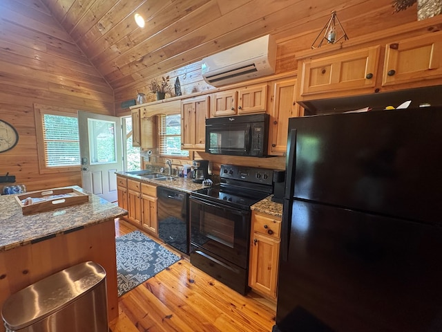 275 Walkers Rdg, Murphy, NC 28906 - kitchen featuring black appliances, a wall mounted AC, a sink, wooden ceiling, and lofted ceiling