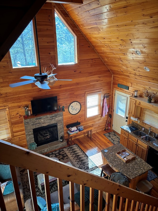 living area with wood ceiling, a healthy amount of sunlight, wood walls, and a fireplace