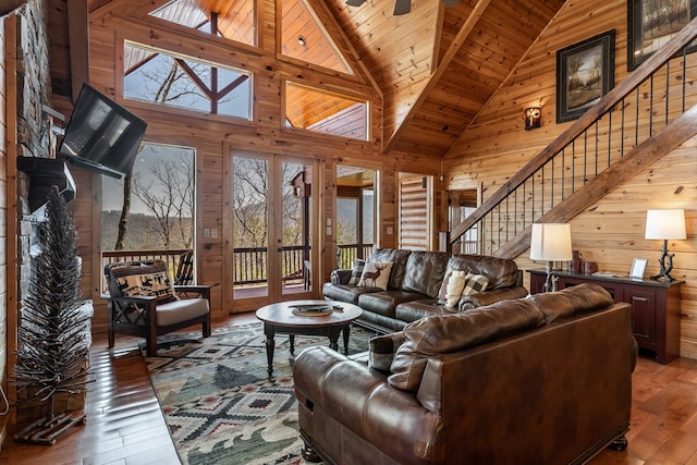 living room featuring hardwood / wood-style floors, wooden ceiling, a wealth of natural light, and wood walls