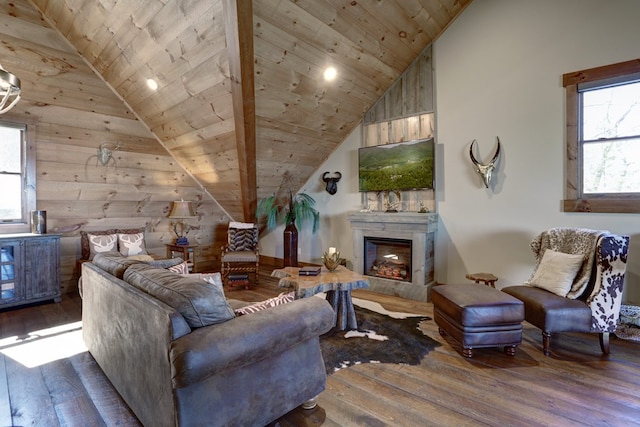 living room featuring a premium fireplace, high vaulted ceiling, wood ceiling, and hardwood / wood-style flooring