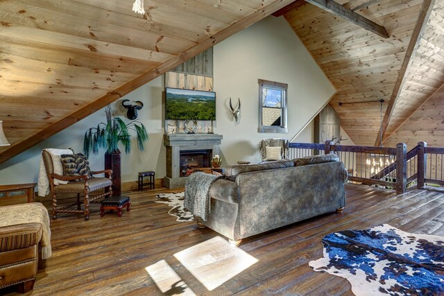 living room with a glass covered fireplace, wooden ceiling, high vaulted ceiling, and hardwood / wood-style floors