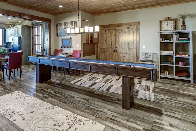 game room featuring recessed lighting, wood ceiling, and wood finished floors