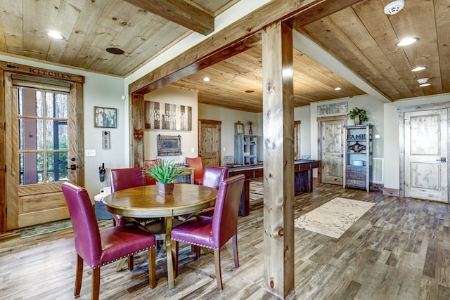 dining room with wood finished floors, baseboards, beam ceiling, recessed lighting, and wood ceiling