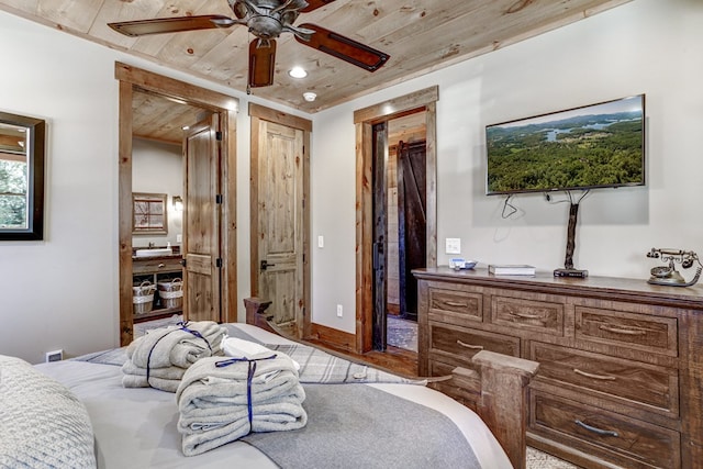 bedroom featuring recessed lighting, baseboards, and wood ceiling