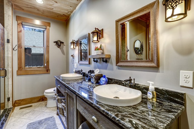 full bathroom featuring visible vents, wooden ceiling, toilet, and a sink