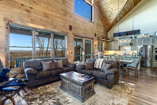 living area with lofted ceiling, wood ceiling, and wood finished floors