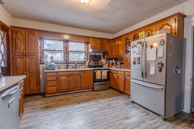 kitchen featuring stainless steel appliances, sink, and light hardwood / wood-style flooring