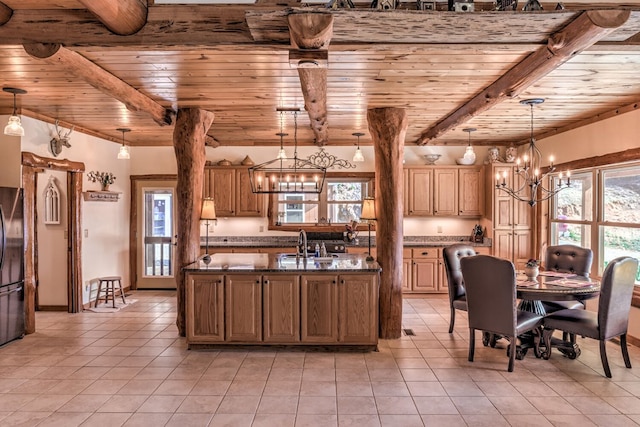 kitchen featuring wood ceiling, a chandelier, beamed ceiling, and decorative light fixtures