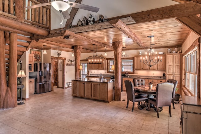 kitchen with hanging light fixtures, stainless steel fridge, ceiling fan with notable chandelier, light tile patterned floors, and wooden ceiling