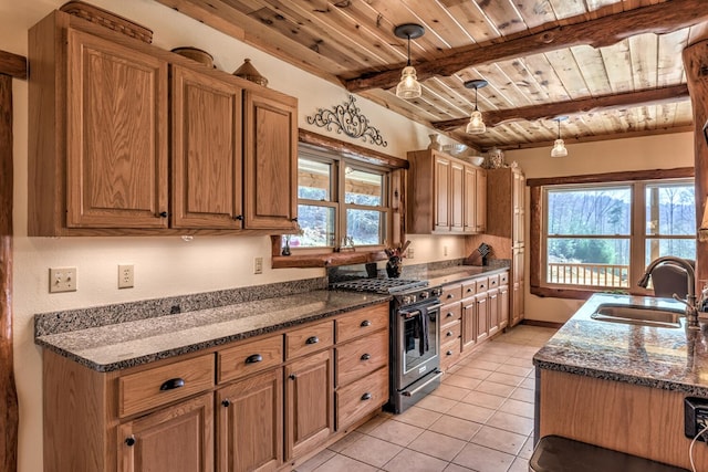 kitchen with decorative light fixtures, a wealth of natural light, sink, and stainless steel range