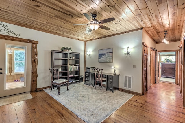 office featuring wooden ceiling, ceiling fan, hardwood / wood-style flooring, and crown molding