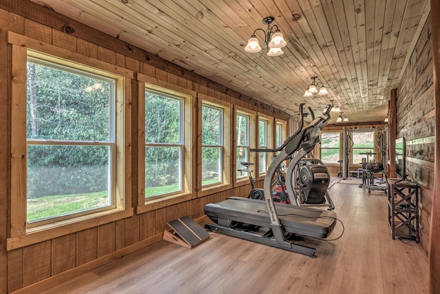 exercise room featuring wood-type flooring, wooden walls, a chandelier, and a wealth of natural light