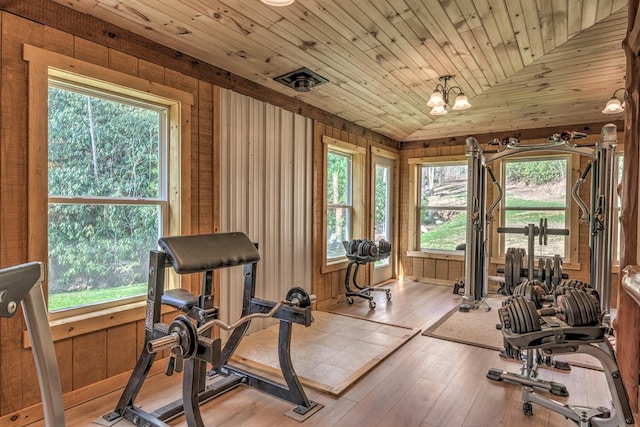 exercise room with a wealth of natural light, lofted ceiling, wood-type flooring, and a chandelier