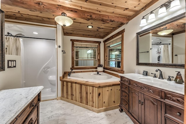 bathroom with wood ceiling, vaulted ceiling, independent shower and bath, and vanity