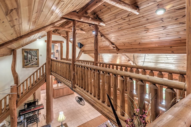 staircase with vaulted ceiling with beams, wood ceiling, and tile patterned flooring