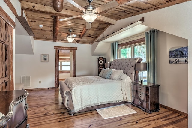 bedroom featuring wood ceiling, ceiling fan, and hardwood / wood-style floors