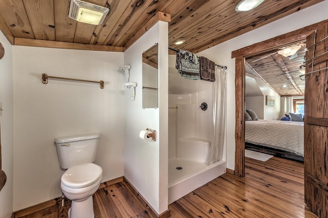 bathroom featuring hardwood / wood-style flooring, toilet, wooden ceiling, and curtained shower