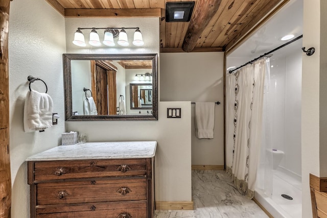 bathroom featuring walk in shower, wood ceiling, and vanity