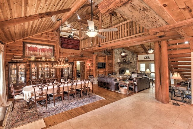 dining room with high vaulted ceiling, wood ceiling, ceiling fan, and light hardwood / wood-style flooring