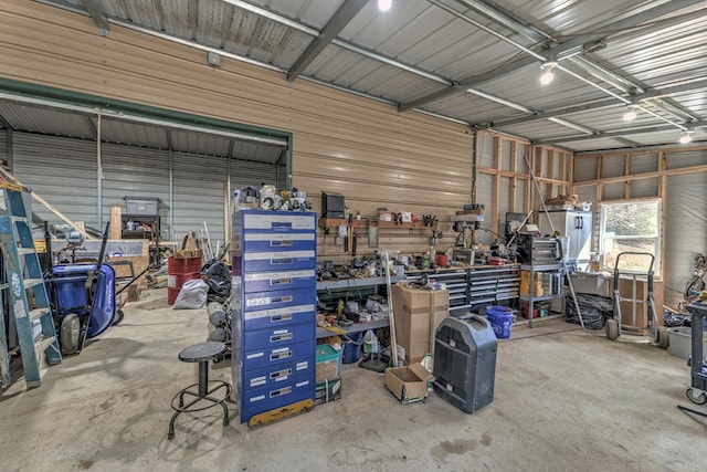 garage with a workshop area