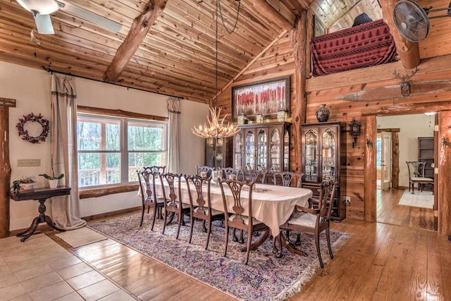 dining room with wood ceiling, beam ceiling, high vaulted ceiling, and hardwood / wood-style flooring