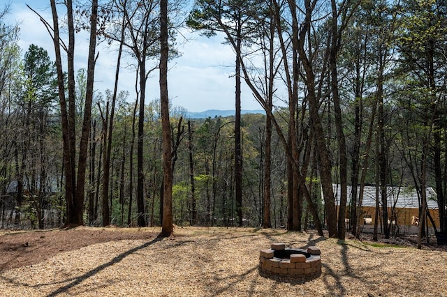view of yard featuring a wooded view and an outdoor fire pit